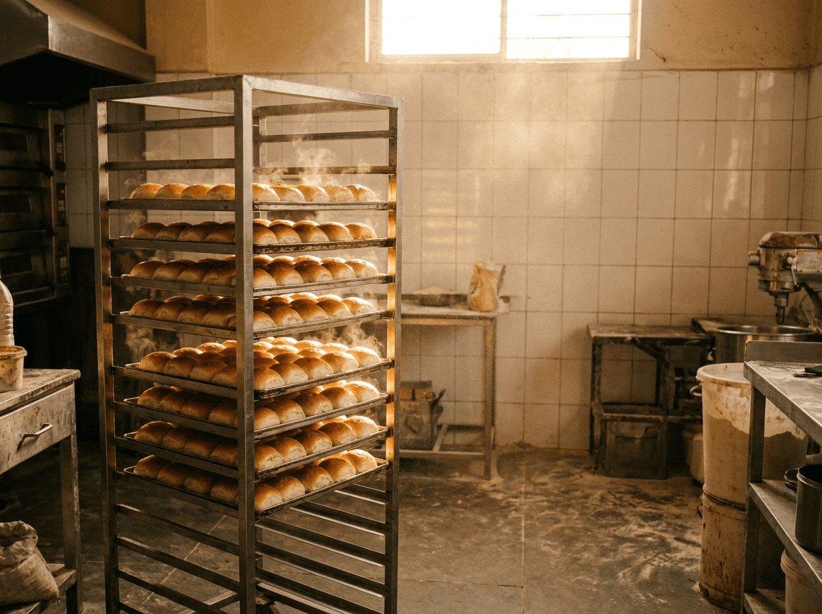 Cooling racks of freshly baked ladi pav blocks in the bakery