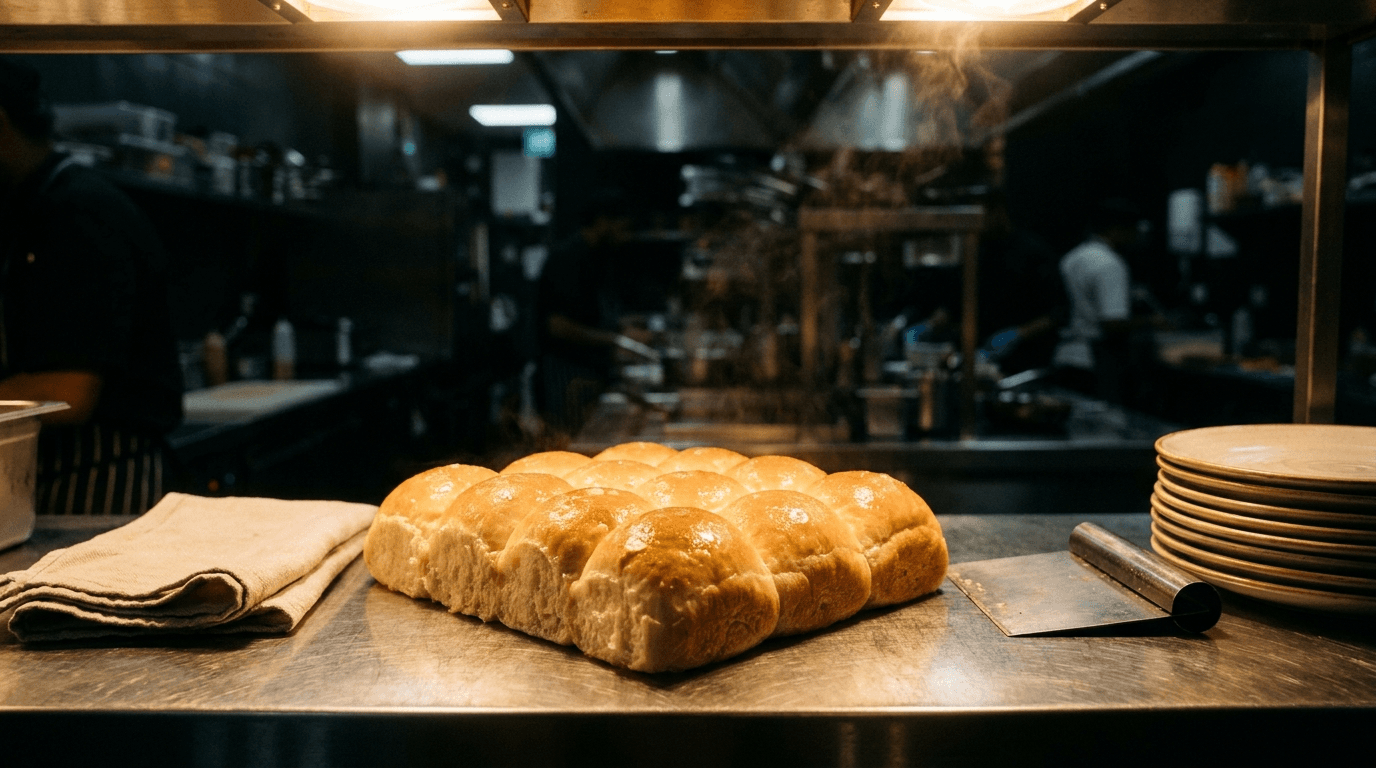 A connected block of ladi pav on a chef's stainless pass under the heat lamps