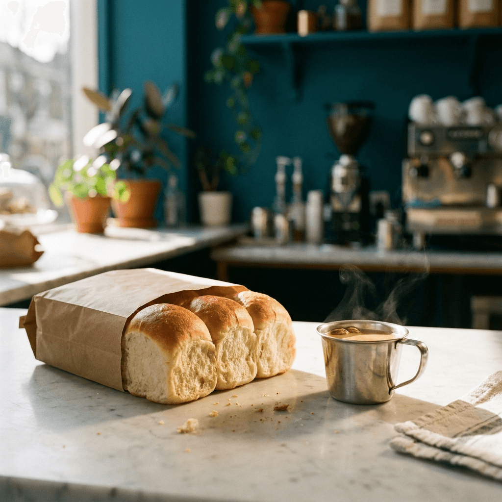 A counter with buttered pav and a cup of cutting chai
