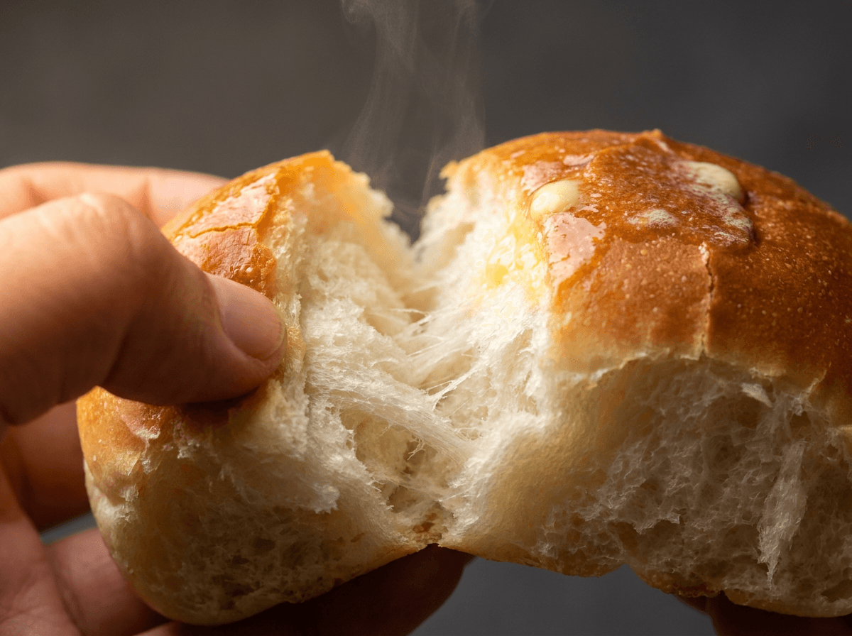 Close detail of the torn crumb of a fresh ladi pav
