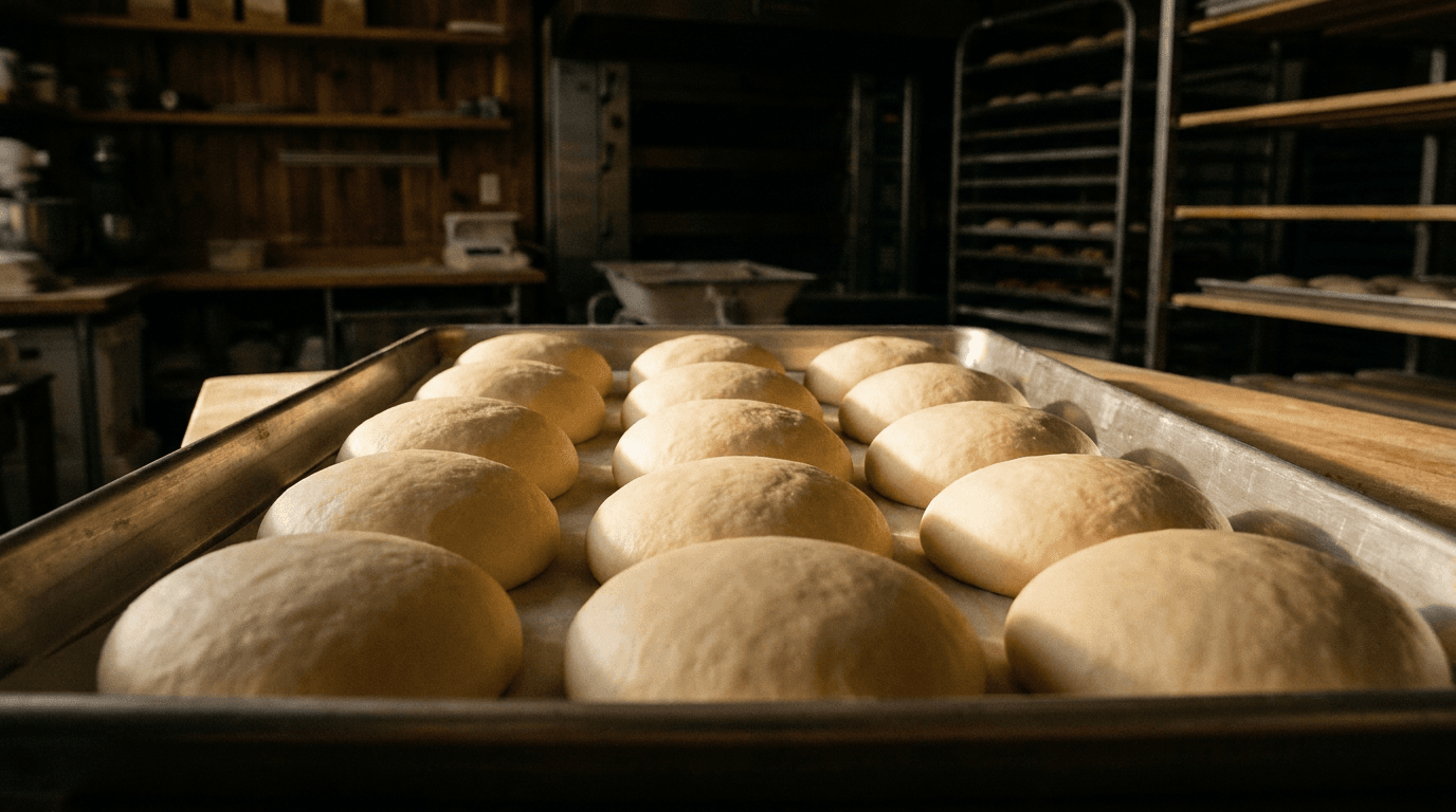 Portioned dough rounds proving in a steel tray, swelling until they touch