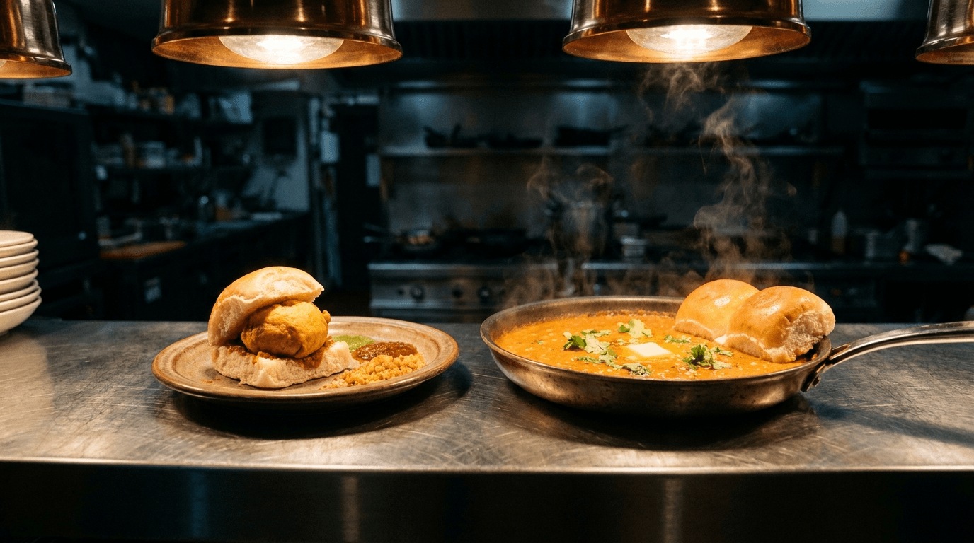 A plated vada pav beside a pan of pav bhaji on the service line