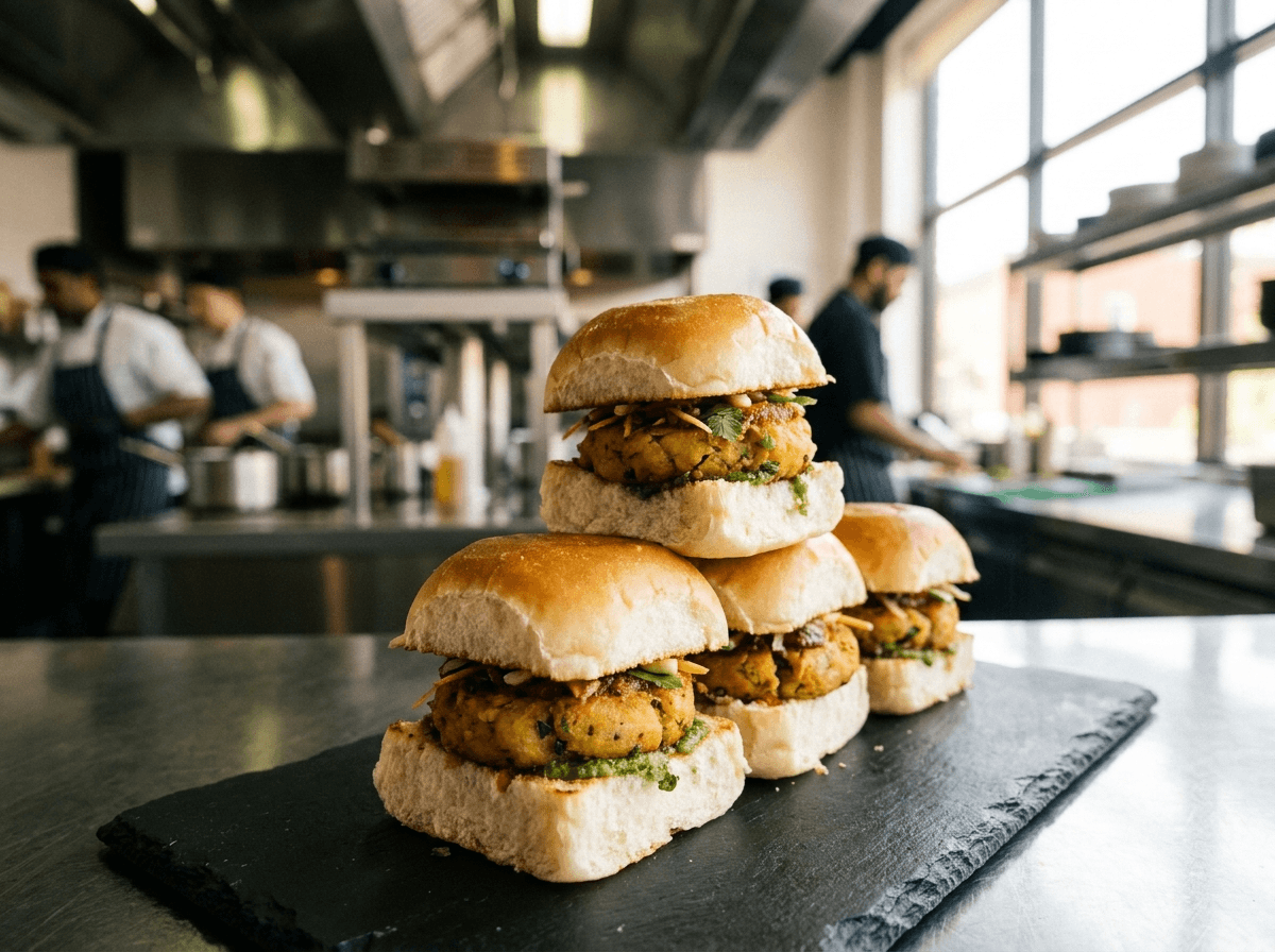 Mini slider buns filled and stacked on a serving board