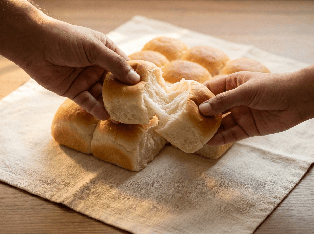 Hands tearing a soft ladi pav apart, the white crumb stretching